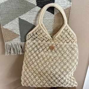 Cream Crochet Coastal Beach Woven Tote Bag‎ Farmers Market purse